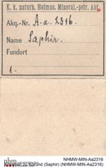 Etiketten zu Korund (Saphir) (NHMW-MIN-Aa2316)